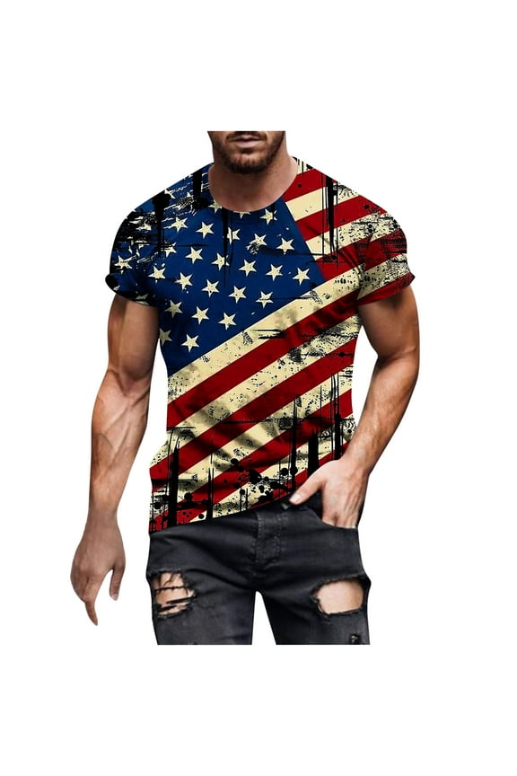 Men's 4th of July Crew Neck Short Sleeve Tops American Flag Patriotic T-Shirts Summer Loose Fit USA Flag Stars Stripes Tees S-3XL