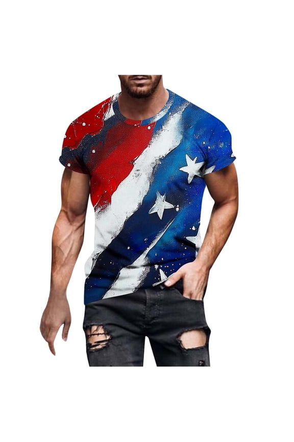 Men's 4th of July Short Sleeve Tops Loose Fit USA Flag Stars Stripes Crewneck T Shirts American Flag Patriotic Tee Shirts M-4XL