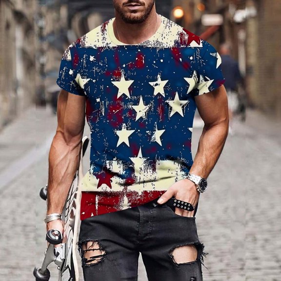 GERsome Men's 4th of July Short Sleeve Tops Loose Fit USA Flag Stars Stripes Crewneck T Shirts American Flag Patriotic Tee Shirts M-4XL