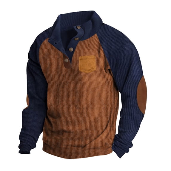 GERsome Men's Corduroy Sweatshirt, Color Block Thermal Pullover, Casual Long Sleeve Button Mock Neck Sweatshirts for Men, Sizes S-3XL,Coffee/S