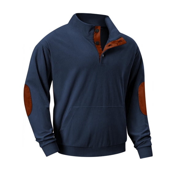GERsome Men's Corduroy Sweatshirt, Color Block Thermal Pullover, Casual Long Sleeve Button Mock Neck Sweatshirts for Men, Sizes S-3XL,Navy/L