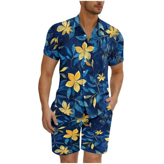GERsome Men's Hawaiian 2 Piece Outfits Button Down Short Sleeve Floral Shirts and Shorts Summer Beach Matching Set S-3XL