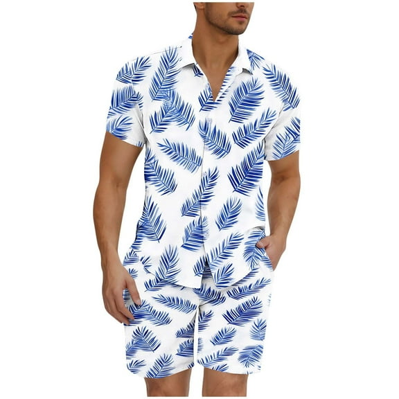 GERsome Men's Hawaiian 2 Piece Outfits Button Down Short Sleeve Floral Shirts and Shorts Summer Beach Matching Set S-3XL