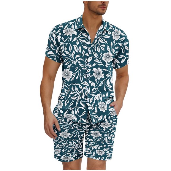 GERsome Men's Hawaiian 2 Piece Outfits Button Down Short Sleeve Floral Shirts and Shorts Summer Beach Matching Set S-3XL