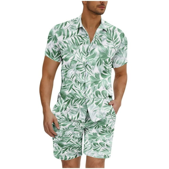 GERsome Men's Hawaiian 2 Piece Outfits Button Down Short Sleeve Floral Shirts and Shorts Summer Beach Matching Set S-3XL