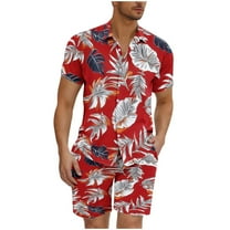 GERsome Men's Hawaiian 2 Piece Outfits Button Down Short Sleeve Floral Shirts and Shorts Summer Beach Matching Set S-3XL