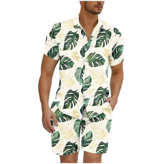 GERsome Men's Hawaiian 2 Piece Outfits Short Sleeve Floral Shirts and Shorts Summer Beach Vacation Matching Set S-3XL