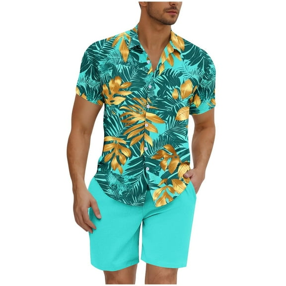 GERsome Men's Hawaiian 2 Piece Outfits Short Sleeve Floral Shirts and Shorts Summer Beach Vacation Matching Set S-3XL