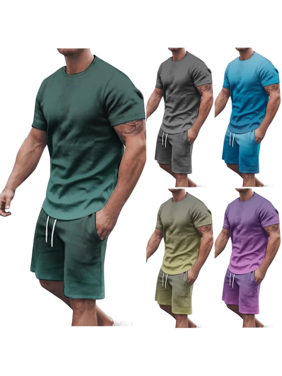 Men's Short Sleeve T Shirts and Shorts Sets 2 Piece Workout Outfits Summer Crew Neck Athletic Loungewear Tracksuit with Pockets M-5XL