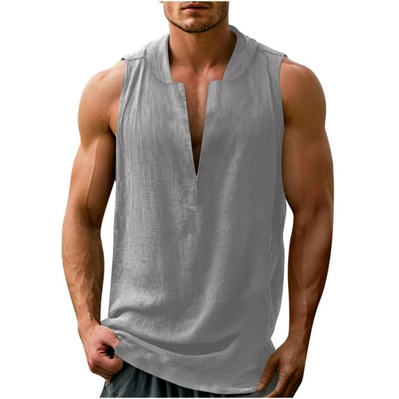 GERsome Men's Tank Tops Cotton Linen Sleeveless V-Neck T Shirts Basic Solid Color Tank Shirts Summer Beach Vacation Tops S-2XL