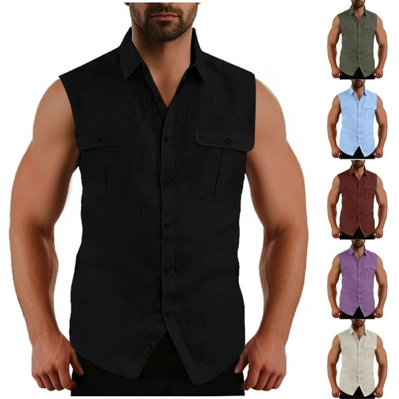 GERsome Men's Tank Tops Sleeveless Button Down Beach Tank Shirts Solid Color Muscle T Shirts Vest with Pockets M-3XL