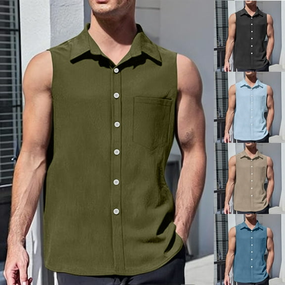 GERsome Men's Tank Tops Solid Color Sleeveless Muscle T Shirts Summer V Neck Collared Button Down Shirt Tops S-2XL