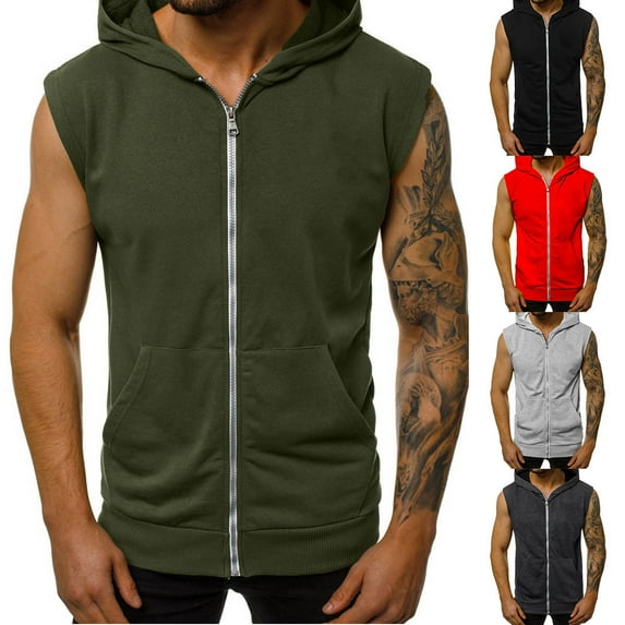 GERsome Men's Workout Hooded Tank Tops Solid Color Zip Up Sleeveless Gym Shirts Muscle Cut Off T Shirt Bodybuilding Hoodies