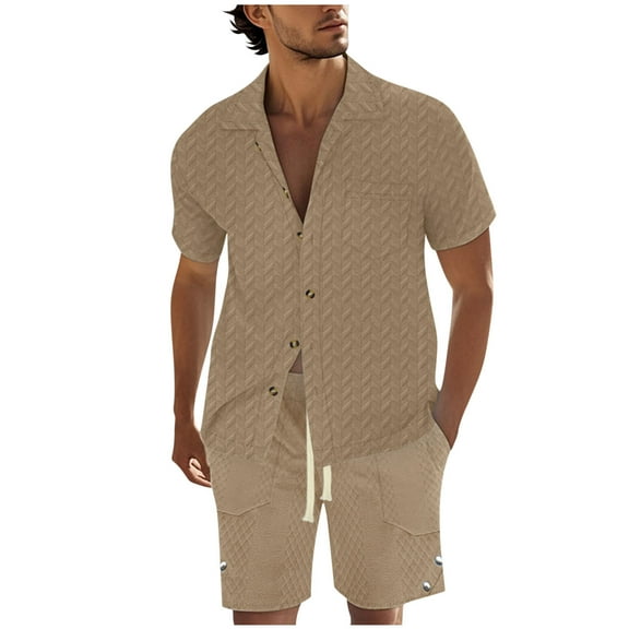 GERsome Mens 2 Piece Outfits Casual Texture Summer Short Sleeve Button Down Shirts and Shorts Set with Pockets Solid Color S-3XL