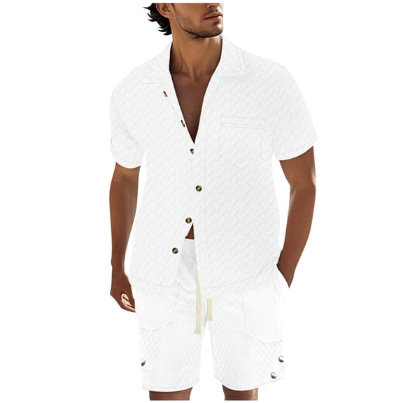 GERsome Mens 2 Piece Outfits Casual Texture Summer Short Sleeve Button Down Shirts and Shorts Set with Pockets Solid Color S-3XL