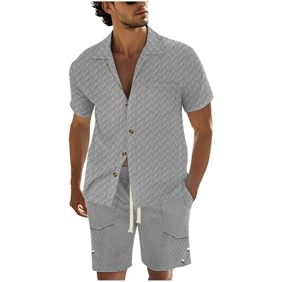 GERsome Mens 2 Piece Outfits Casual Texture Summer Short Sleeve Button Down Shirts and Shorts Set with Pockets Solid Color S-3XL
