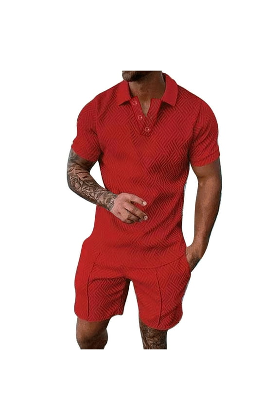 Mens 2 Piece Outfits V Neck Short Sleeve Button Down Tops and Shorts Loungewear with Pockets S-5XL