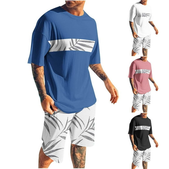 GERsome Mens 2 Piece Workout Sets Summer Hawaiian Loungewear Crew Neck Short Sleeve Tops and Shorts Tracksuits S-4XL
