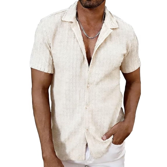 GERsome Mens Short Sleeve Shirts Collared Button Down Summer Beach Vacation Wedding Casual Work Shirts, Beige Size XL