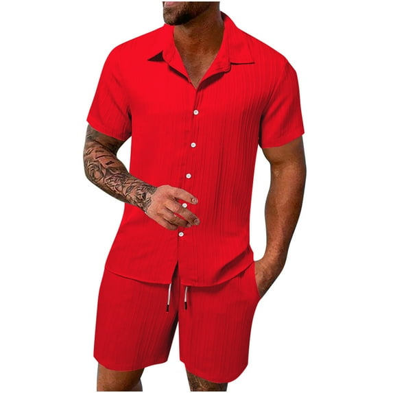 GERsome Mens Summer Tracksuits 2 Piece Short Sleeve Button Down Shirts and Drawstring Shorts Outfits Solid Color Loungewear S-3XL