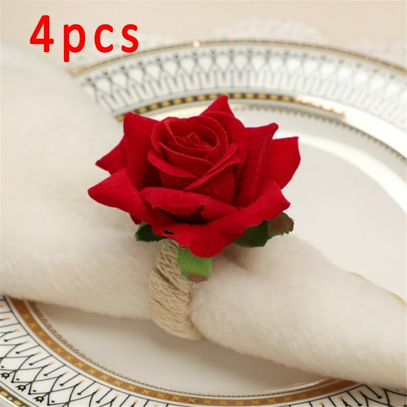 GERsome Napkin Rings Set of 4 Artificial Rose Flower Napkin Rings Napkin Holders Buckles for Farmhouse,Anniversary,Wedding, Thanksgiving, Table Decor