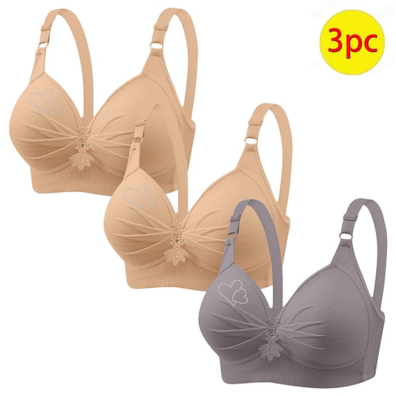 GERsome Pack of 3 Assorted Color Comfortable Full Coverage Bra for Women Wireless Bras with Soft Support Plus Size Everyday Bras 3PC#2Beige/Gray L