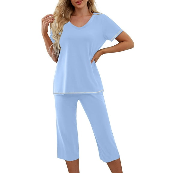 GERsome Pajamas for Women Short Sleeve Pj Sets Pullover Tops & Capri Pants 2 Piece Sleepwear Loungewear S-2XL (Light Blue,XL)