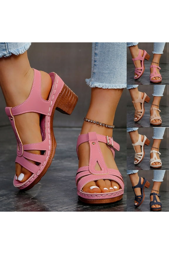 Platform Heels Sandals for Women Open Toe Ankle Strap Chunky Block Heels Comfort Summer Beach Sandals, Pink Size 7