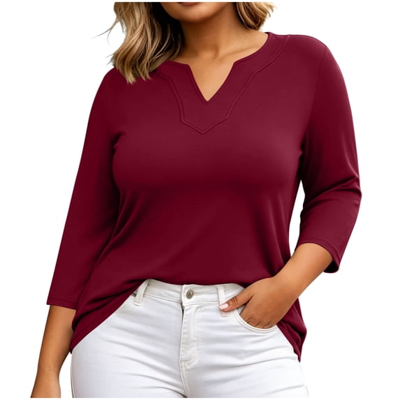 GERsome Plus Size 3/4 Sleeve T-Shirts for Women V-Neck Loose Fit Casual Trendy Blouses Wine XL