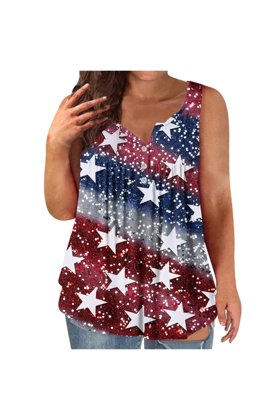 Plus Size American Flag Tank Tops Womens 4th of July Patriotic T Shirts V Neck Sleeveless USA Flag Stars Stripes Graphic Tees L-4XL