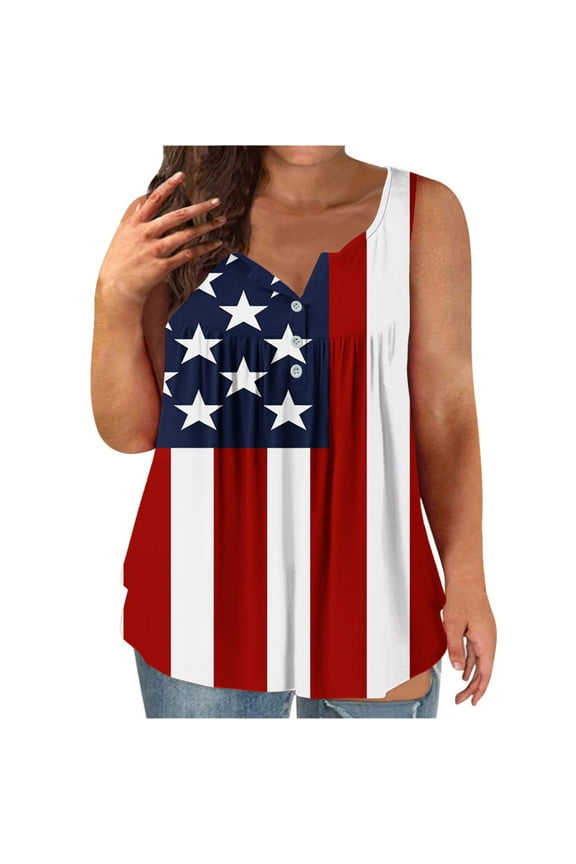 Plus Size American Flag Tank Tops Womens 4th of July Patriotic T Shirts V Neck Sleeveless USA Flag Stars Stripes Graphic Tees L-4XL