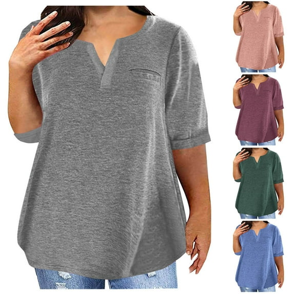 GERsome Plus Size T Shirt for Women Solid Color V Neck Tees Short Sleeve Loose Fit Summer Casual Tops L-4XL