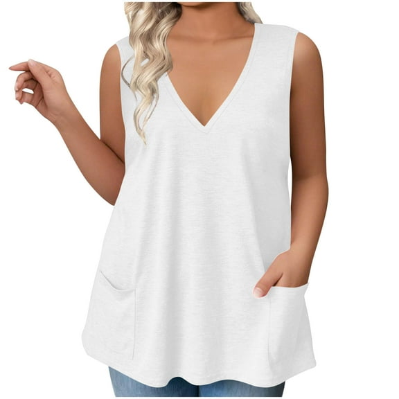 GERsome Plus Size Tank Tops for Women Summer V Neck Sleeveless Casual Loose Fit Flowy Tshirt with Pockets L-4XL