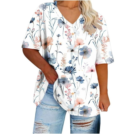 GERsome Plus Size Tops for Women V Neck Short Sleeve T Shirts Summer Casual Loose Fit Floral Print Tunic Tops XL-5XL