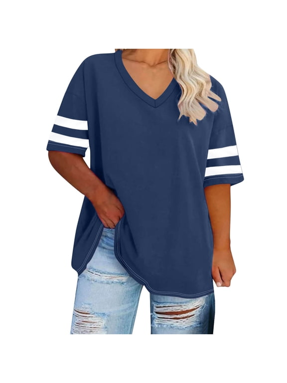 Plus Size V Neck T Shirts for Women Solid Color Summer Half Sleeve Oversized Tees Casual Loose Fit Tunic Tops XL-5XL