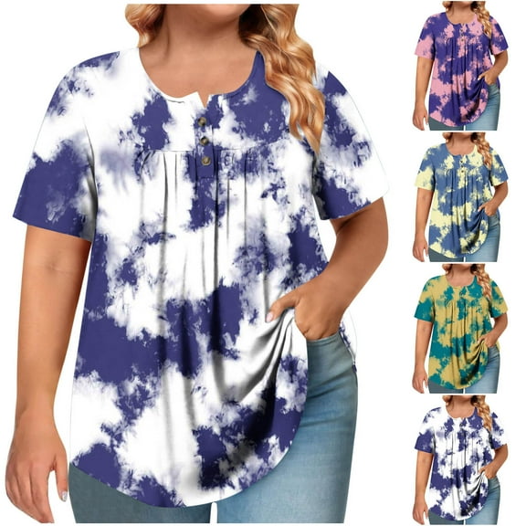 GERsome Plus Size Womens T Shirts Pleated Crew Neck Dressy Tops Short Sleeve Floral Shirts Summer Loose Fit Blouses, Sizes L-5XL