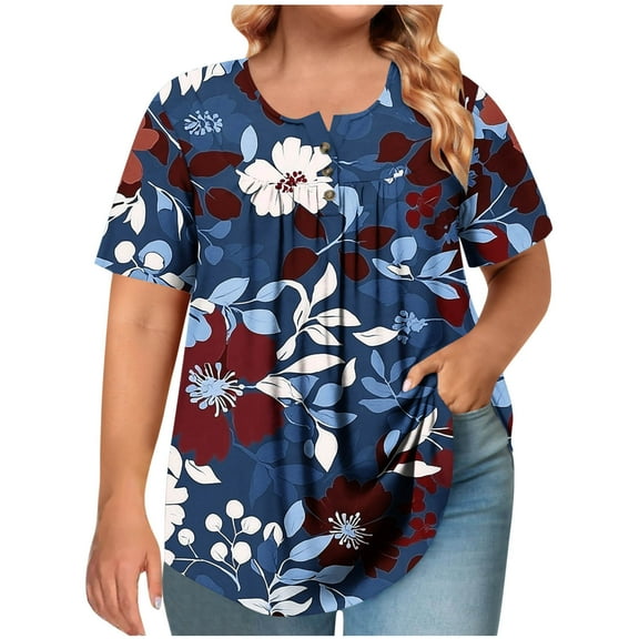 GERsome Plus Size Womens T Shirts Pleated Crew Neck Dressy Tops Short Sleeve Floral Shirts Summer Loose Fit Blouses, Sizes L-5XL