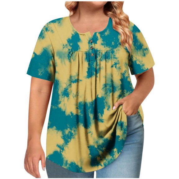 GERsome Plus Size Womens T Shirts Pleated Crew Neck Dressy Tops Short Sleeve Floral Shirts Summer Loose Fit Blouses, Sizes L-5XL