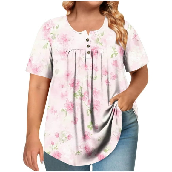 GERsome Plus Size Womens T Shirts Pleated Crew Neck Dressy Tops Short Sleeve Floral Shirts Summer Loose Fit Blouses, Sizes L-5XL