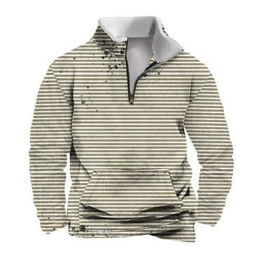 GERsome Quarter Zip Striped Pullover For Men Fall Winter Color Block Long Sleeve Sweatshirts Casual Mock Neck Sweatshirts Pullover with Kangaroo Pockets Sizes S-4XL,Beige/L