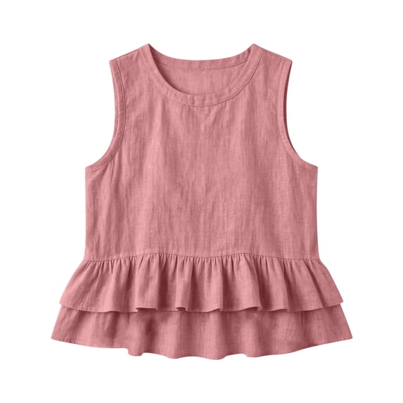 GERsome Ruffled Tank Tops for Women Round Neck Sleeveless Summer T-Shirts Loose Fit Pleated Hem Tops Pink Size M