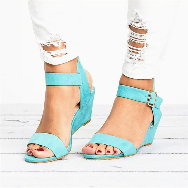 Ankle Strap Turquoise Wedge Shoes Chic Two Tone Denim Open Toe