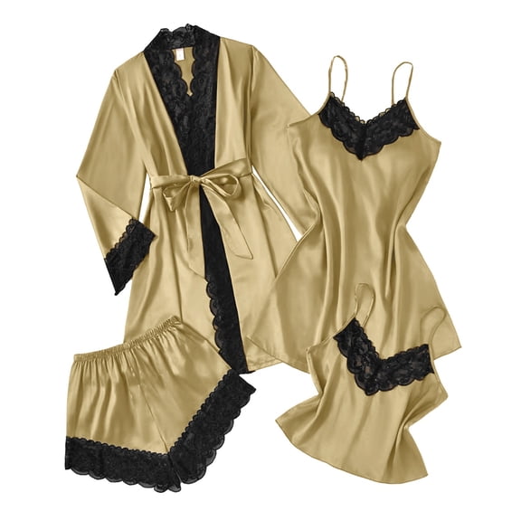 GERsome Satin Pajama Set for Women, 4 Piece Silky Sleepwear, Lace Camisole Shorts Soft Nightwear S-3XL