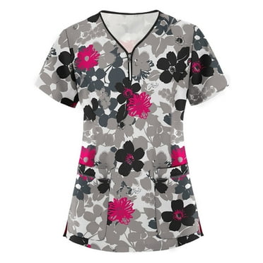 GERsome Scrub Tops Women Print,Print Nurse Uniforms for Women Short Sleeve V-Neck Shirts Tee Tops with Pockets