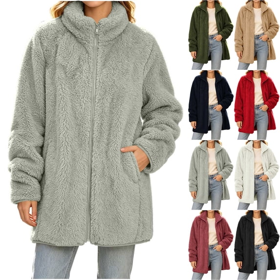 GERsome Sherpa Jackets for Women Long Sleeve Full Zip Fuzzy Casual Warm Winter Coat with Pockets Size M