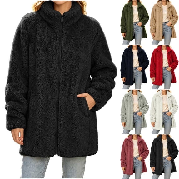 GERsome Sherpa Jackets for Women Long Sleeve Full Zip Fuzzy Casual Warm Winter Coat with Pockets Size S