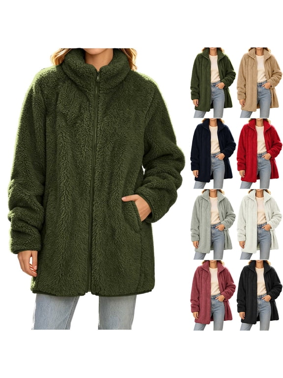 Sherpa Jackets for Women Long Sleeve Full Zip Fuzzy Casual Warm Winter Coat with Pockets Size S