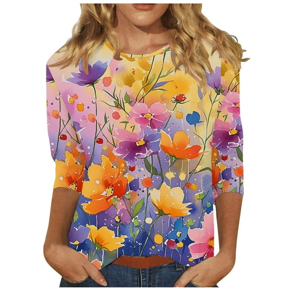 GERsome Shirts for Women 3/4 Sleeve Shirts for Women Summer Round Neck Loose Pullover Tunics Casual Tops Blouse Tee