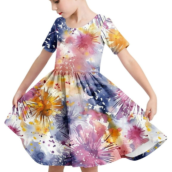 GERsome Short Sleeve Dress for Girls Crewneck A Line Swing Skater Twirly Party Dresses 4-14 Years