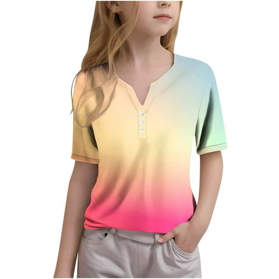 GERsome Short Sleeve T Shirts for Girls Casual V Neck Button Up Basic Summer Tees Shirts Loose Soft Blouse T-Shirt Size 3-14 Years